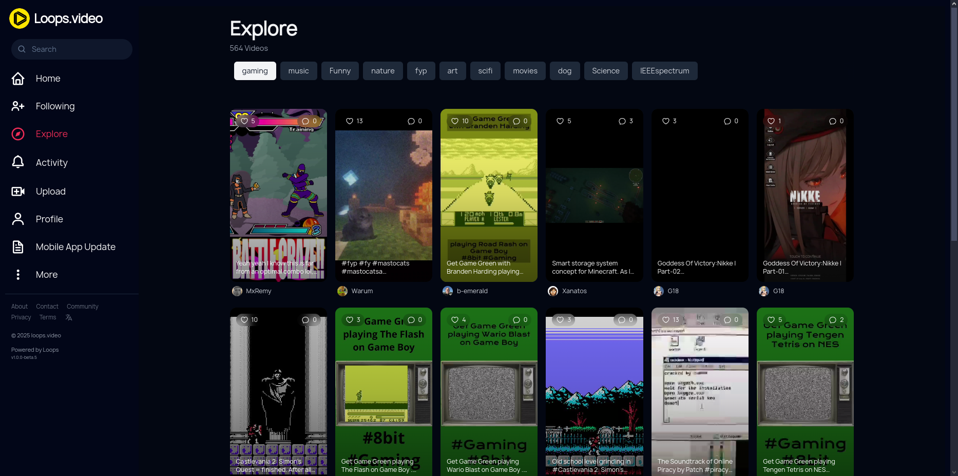 Ekran z linka, loops w browserze, funkcja Explore. Lista wielu filmików pionowych