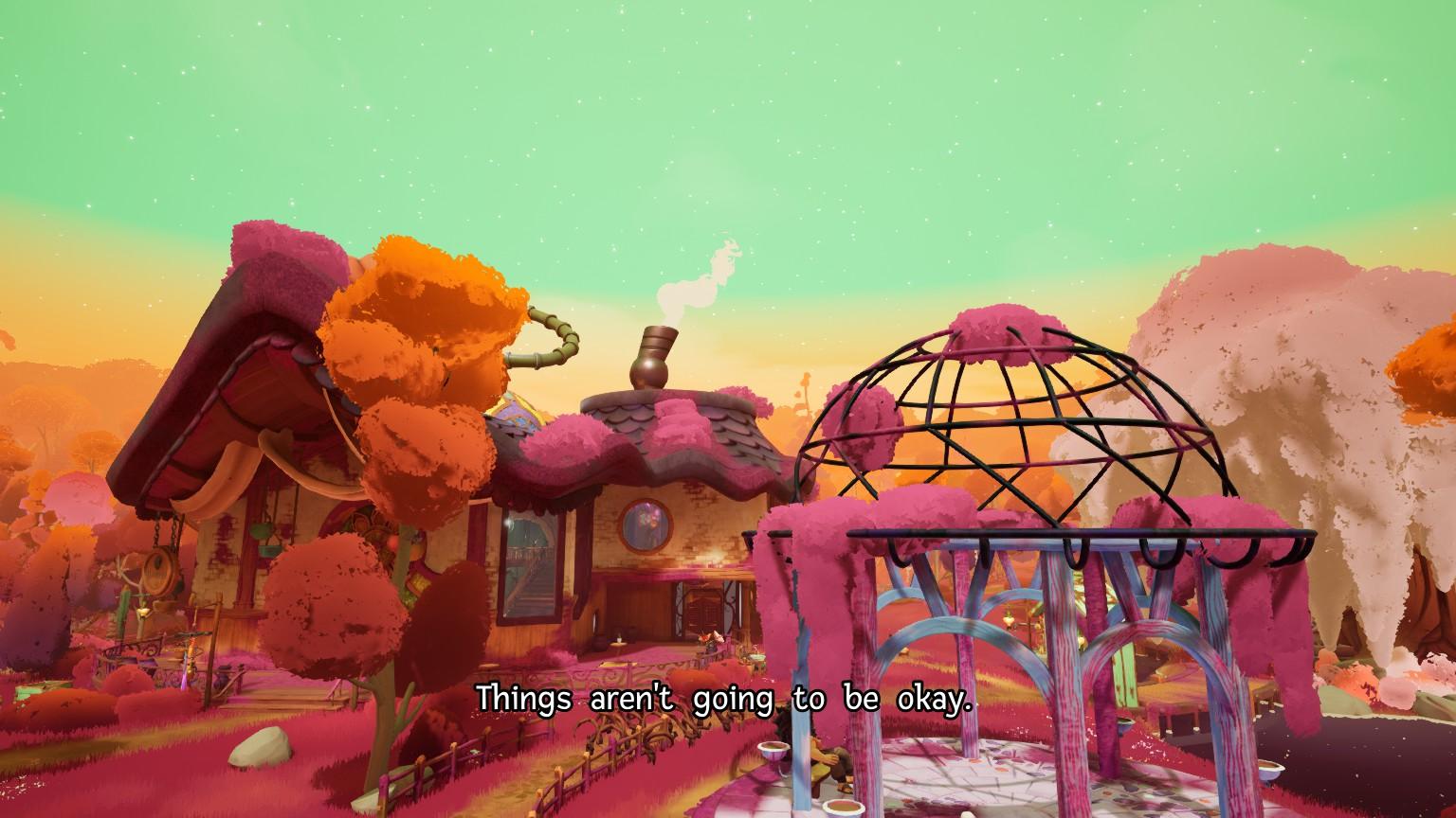 Screenshot from the game, showing Wanderstop shop, with subtitle saying "Things aren't going to be okay."