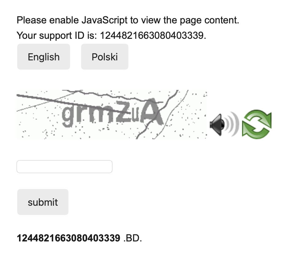 informacja o wymaganiu włączenia JavaScript plus formularz do wpisania hasła jednorazowego, po angielsku