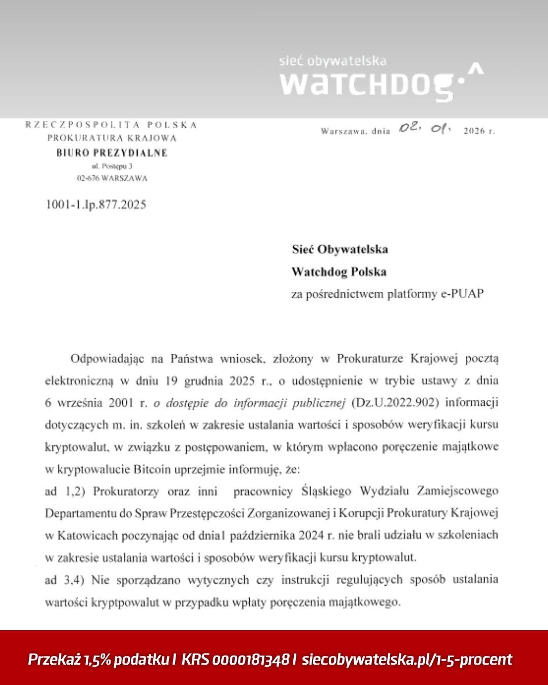Pismo Prokuratury z odpowiedzią na wniosek, opisaną w treści posta.