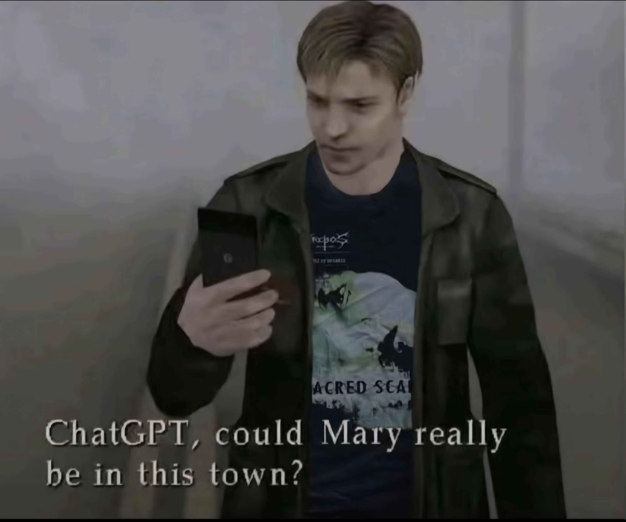 James Sunderland z gry Silent Hill 2 trzymający telefon w ręku. Na dole napis "ChatGPT, could Mary really be in this town?"