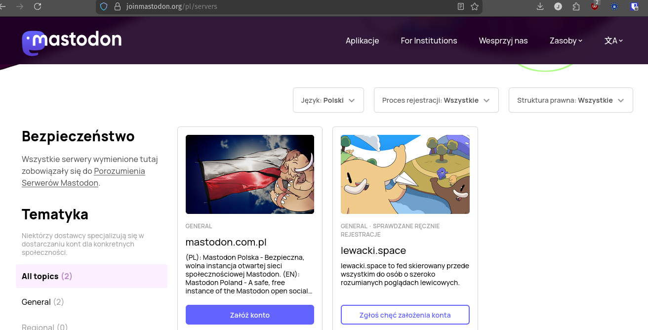 polskojęzyczne serwery na https://joinmastodon.org/pl/servers