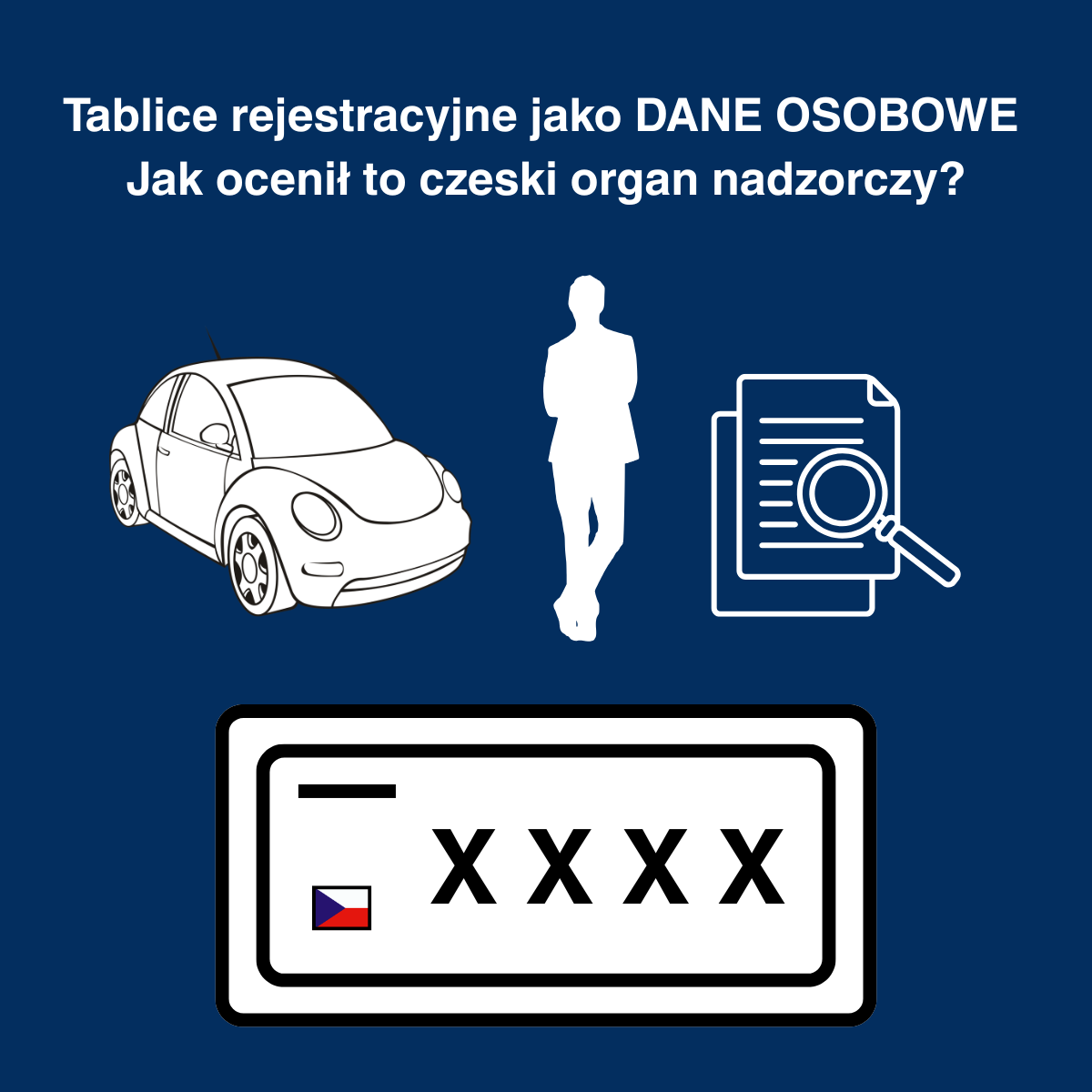 Na grafice jest napis: Tablice rejestracyjne jako DANE OSOBOWE. Jak ocenił to czeski organ nadzorczy? Jest tam obrazek auta, człowieka i kartki z lupą oraz tablice rejestracyjne z czeską flagą.