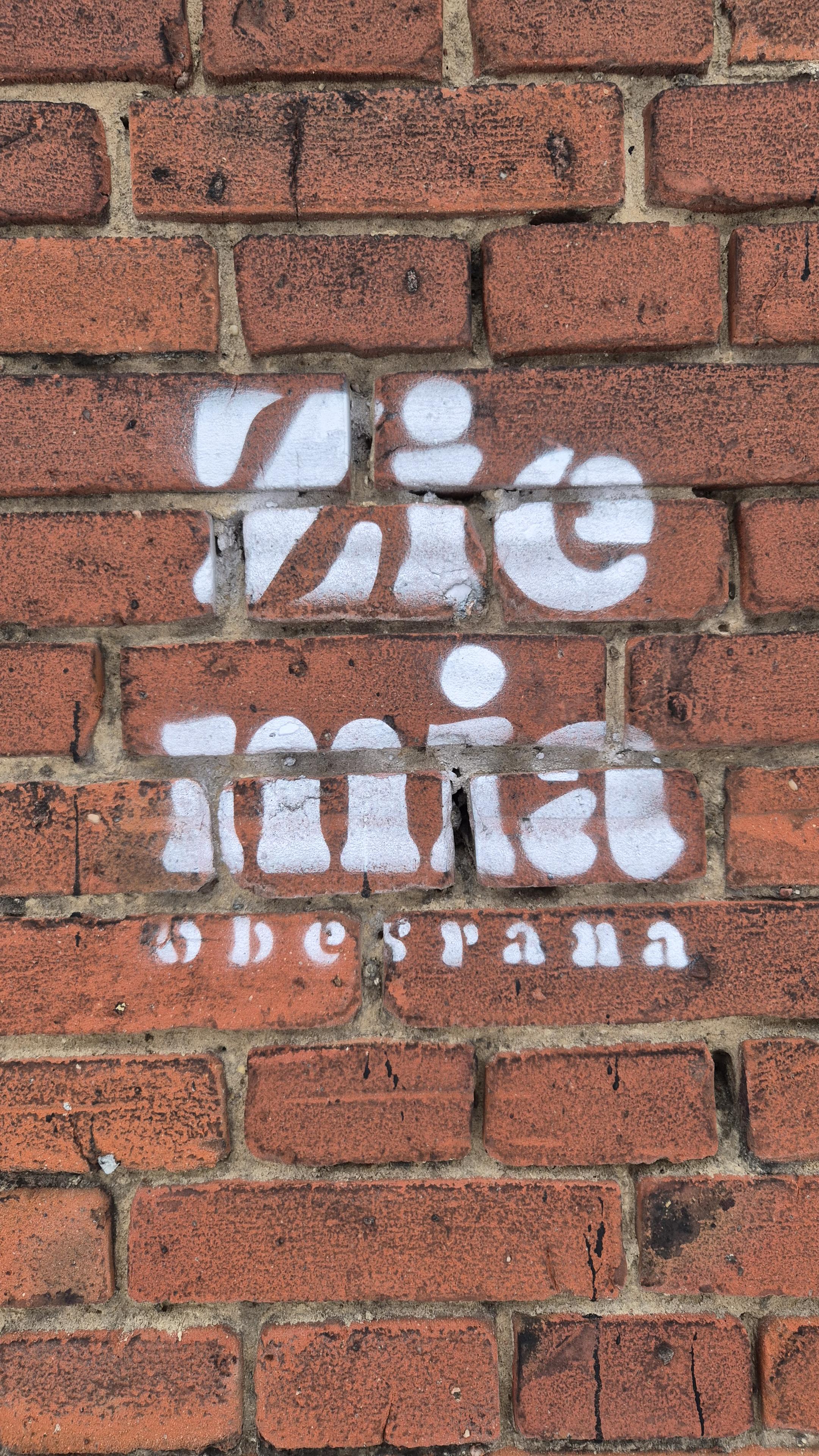 Ceglana ściana z napisem sprayem od szablonu:"Ziemia obesrana".