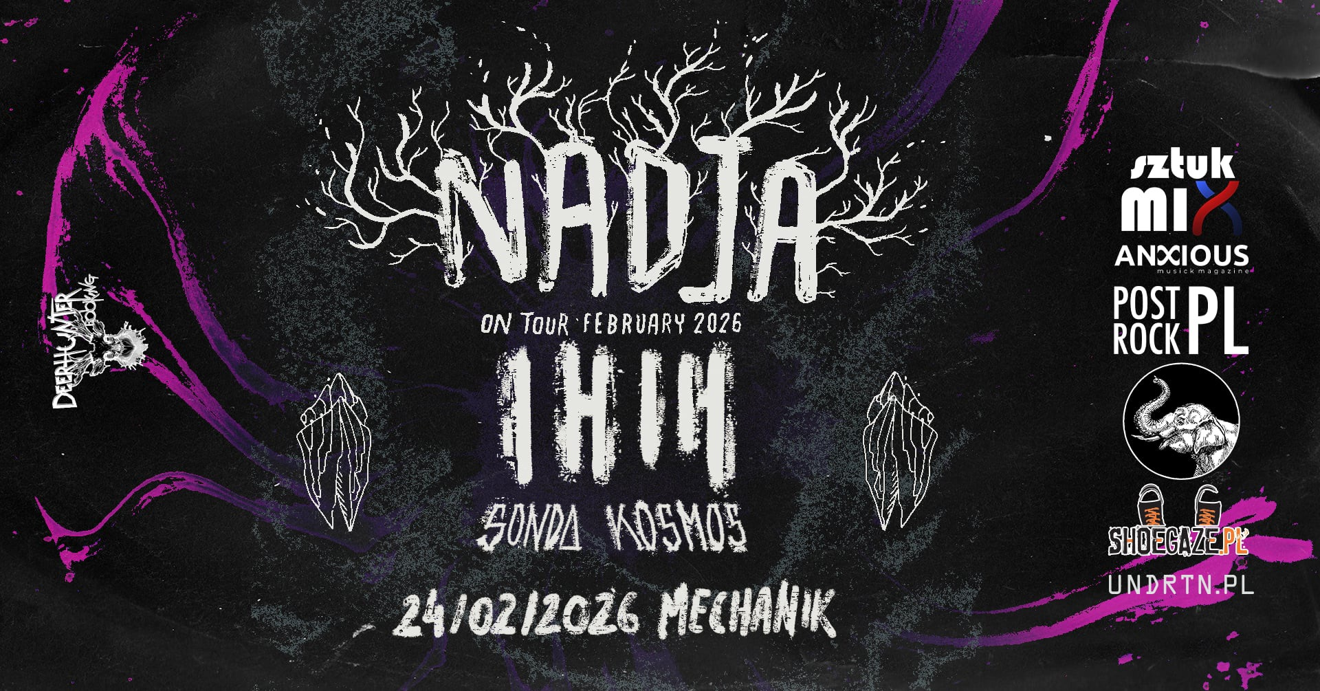 plakat: logotypy zespołów Nadja, IHIH, Sonda Kosmos, data: 24/02/2026 "Mechanik" i loga partnerów/patronów.
