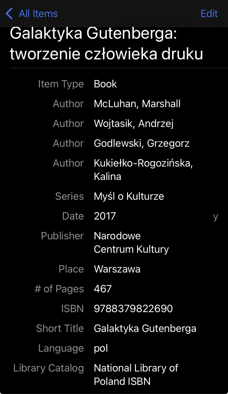 Widok danych w Zotero