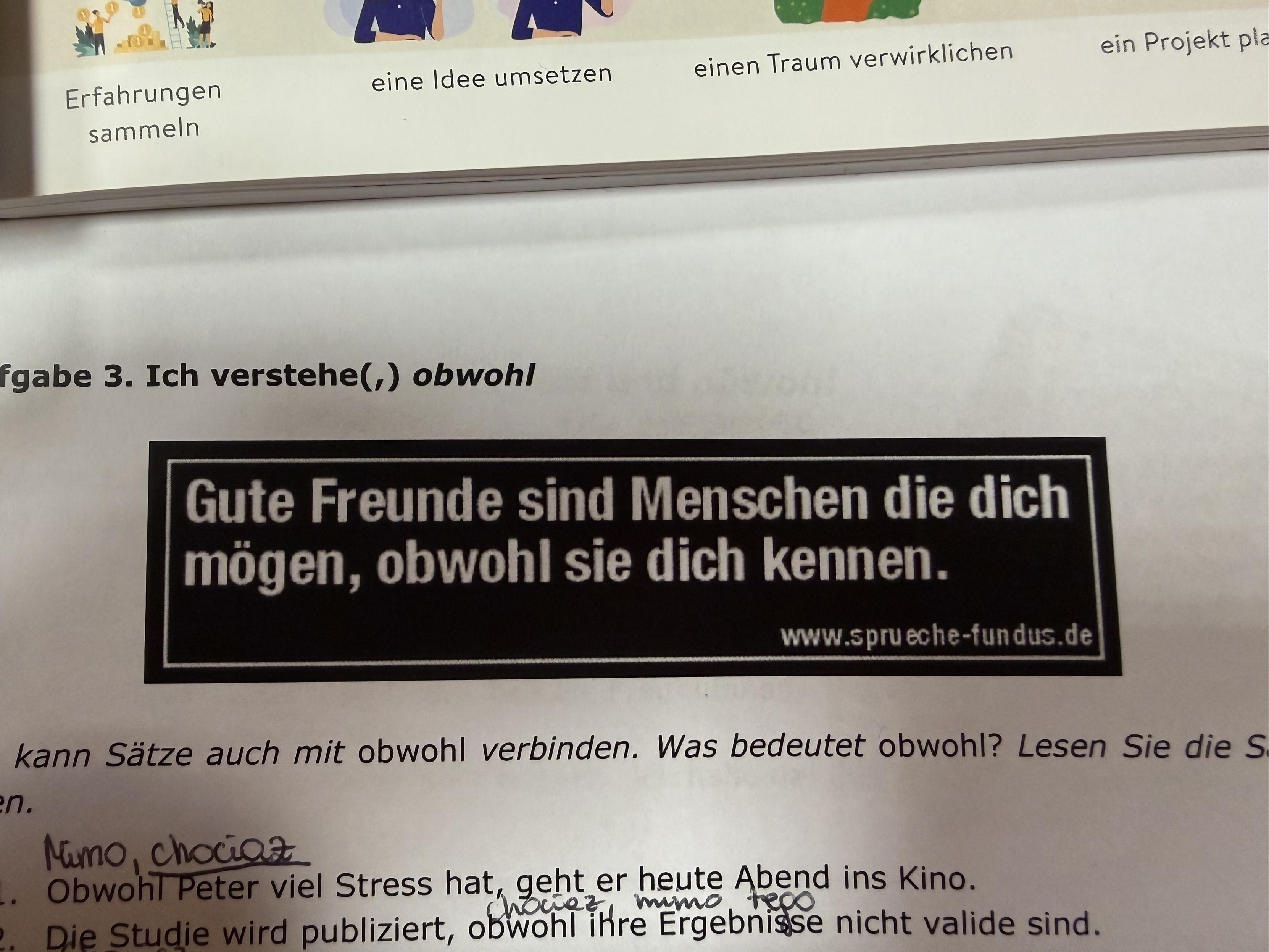 Cytat w języku niemieckim: „Gute Freunde sind Menschen die dich mögen, obwohl sie dich kennen“ („Przyjaciele to ludzie których lubię pomimo tego, że ich znam”)