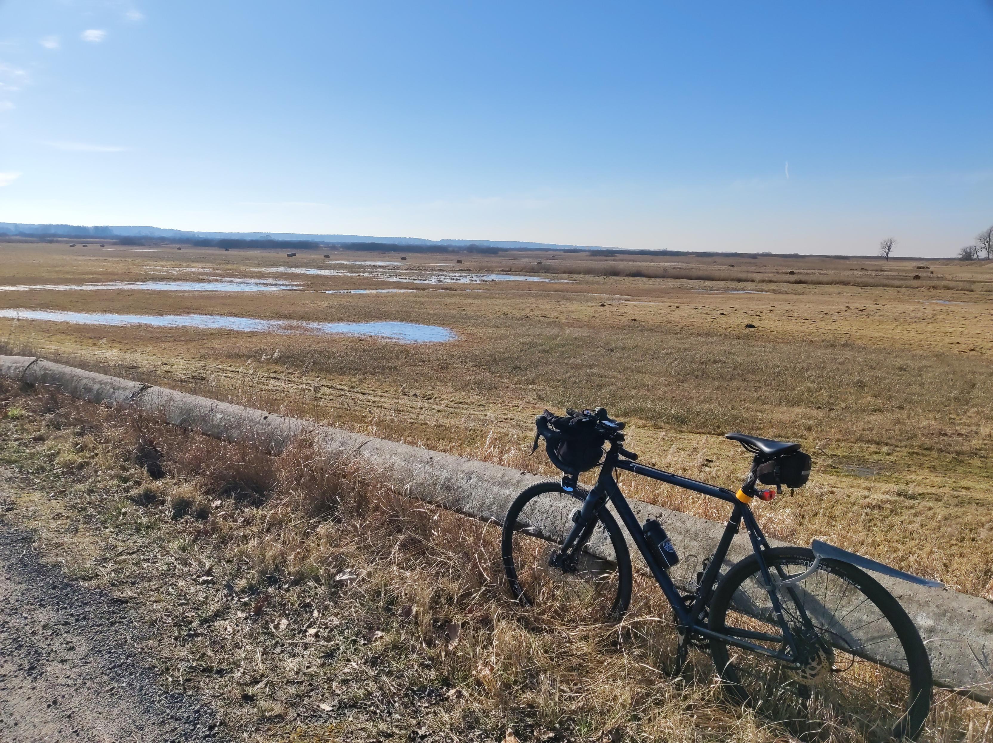 Słoneczny dzień. Ciemnoniebieski rower szutrowy stoi oparty o betonową barierę przy drodze. Za nim rozpościera się płaszczyzna nadrzecznych łąk wypełnionych suchą trawą i ze sporą ilością różnej wielkości kałuż.