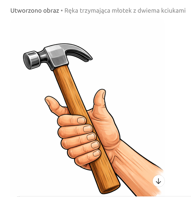 rysunek wykonany prze AI, ręka trzymająca młotek, ale - ręka ma siedem palców, w tym 2 kciuki.
