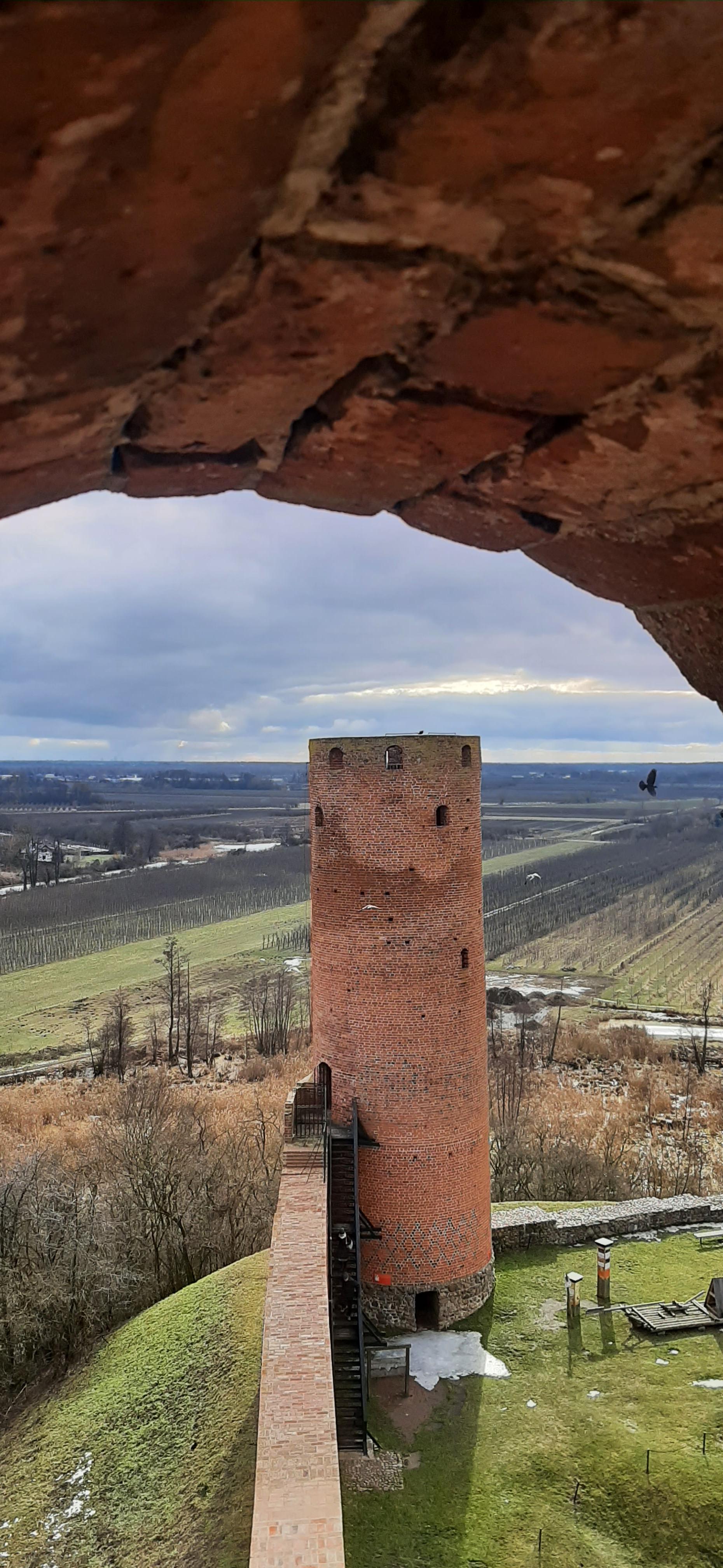 Z okienka gotyckiej wierzy widok na czerwoną, okrągłą basztę. Obok leci ptak. W tle wiosenne rozlewisko i krajobraz rolniczy.