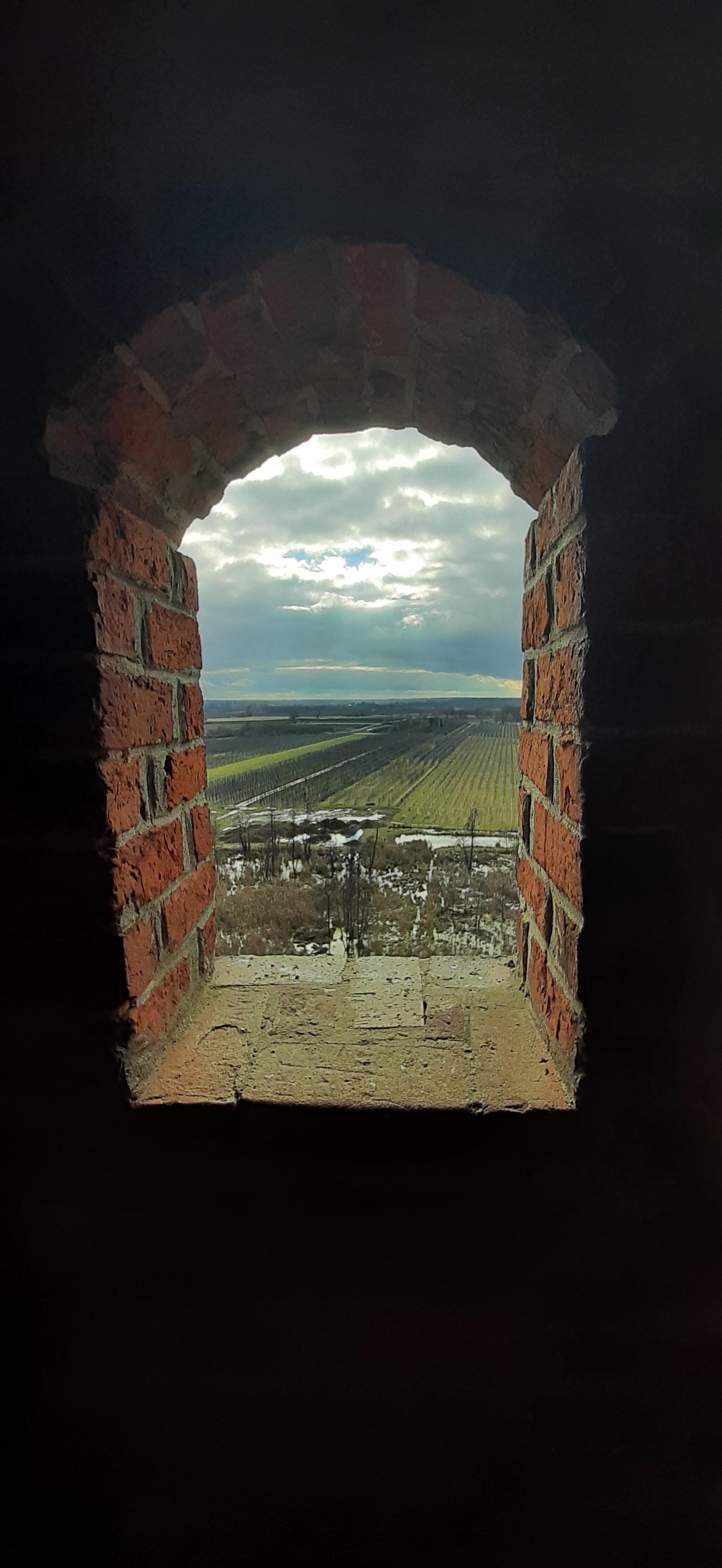 Widok z małego okiennka na mokradła oraz pola