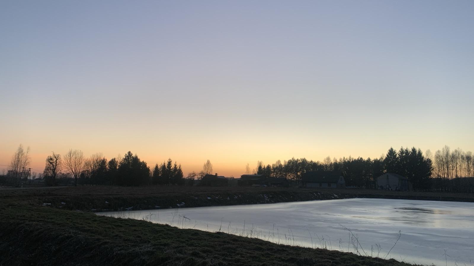Zachód słońca nad lasem. Zamarznięty staw i rów melioracyjny