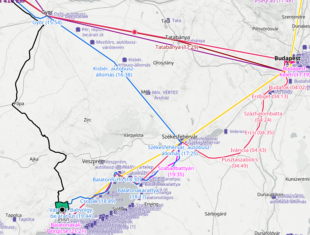 The Győr-Székesfehérvár cut, the car's even shorter route to the west, and a lonely dot still crawling towards Budapest