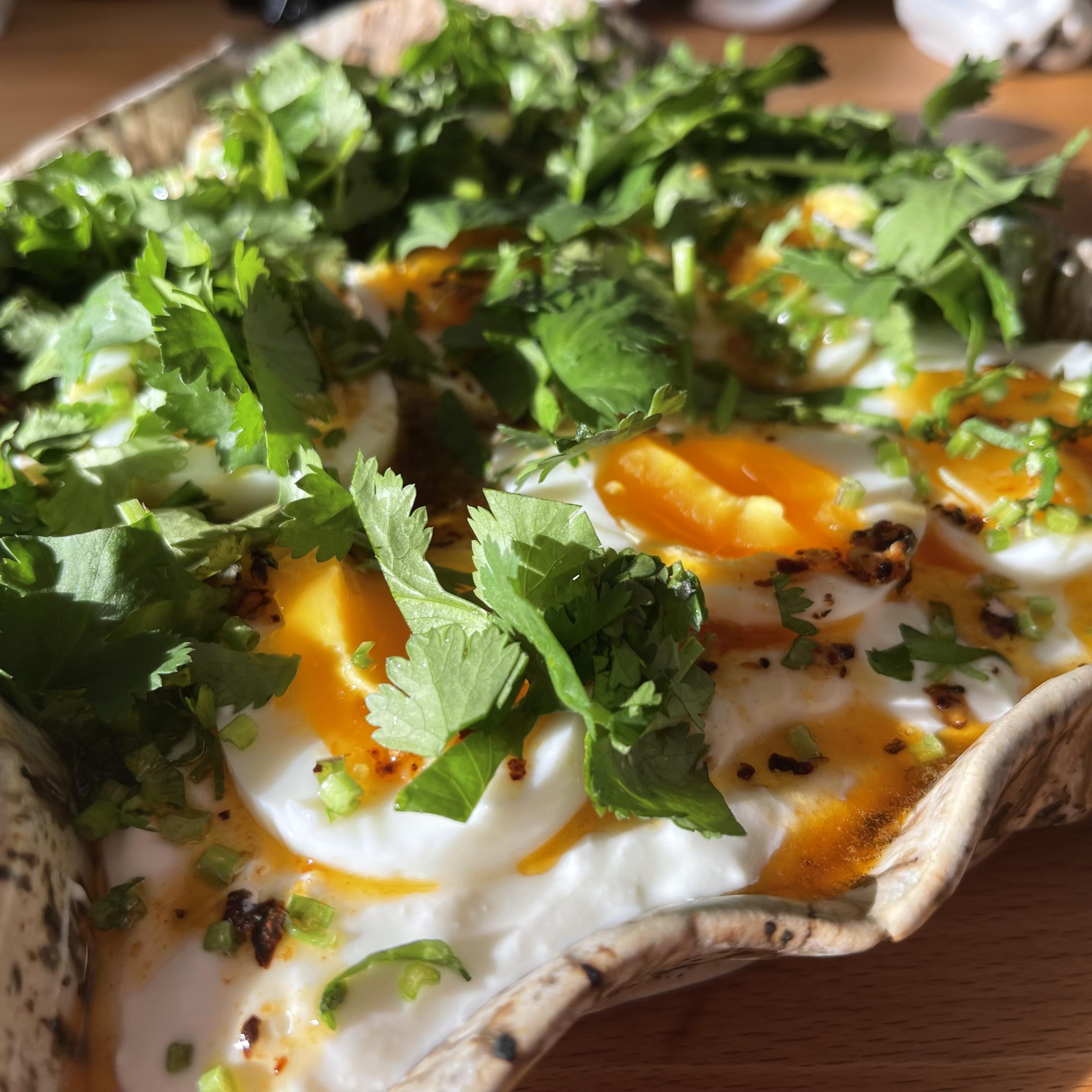 Jajka na półmiękko w jogurcie i świeżą kolendrą na drewnianym stole.