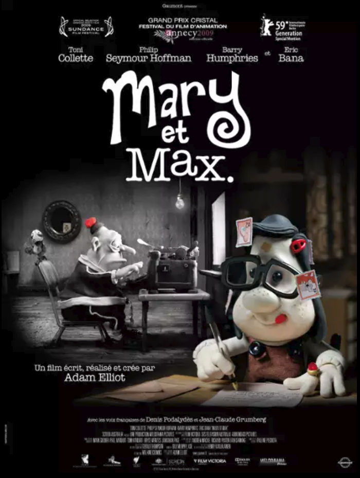 Francuski plakat filmu Mary et Max. Widać na nim postacie głównych bohaterów, piszących do siebie list.