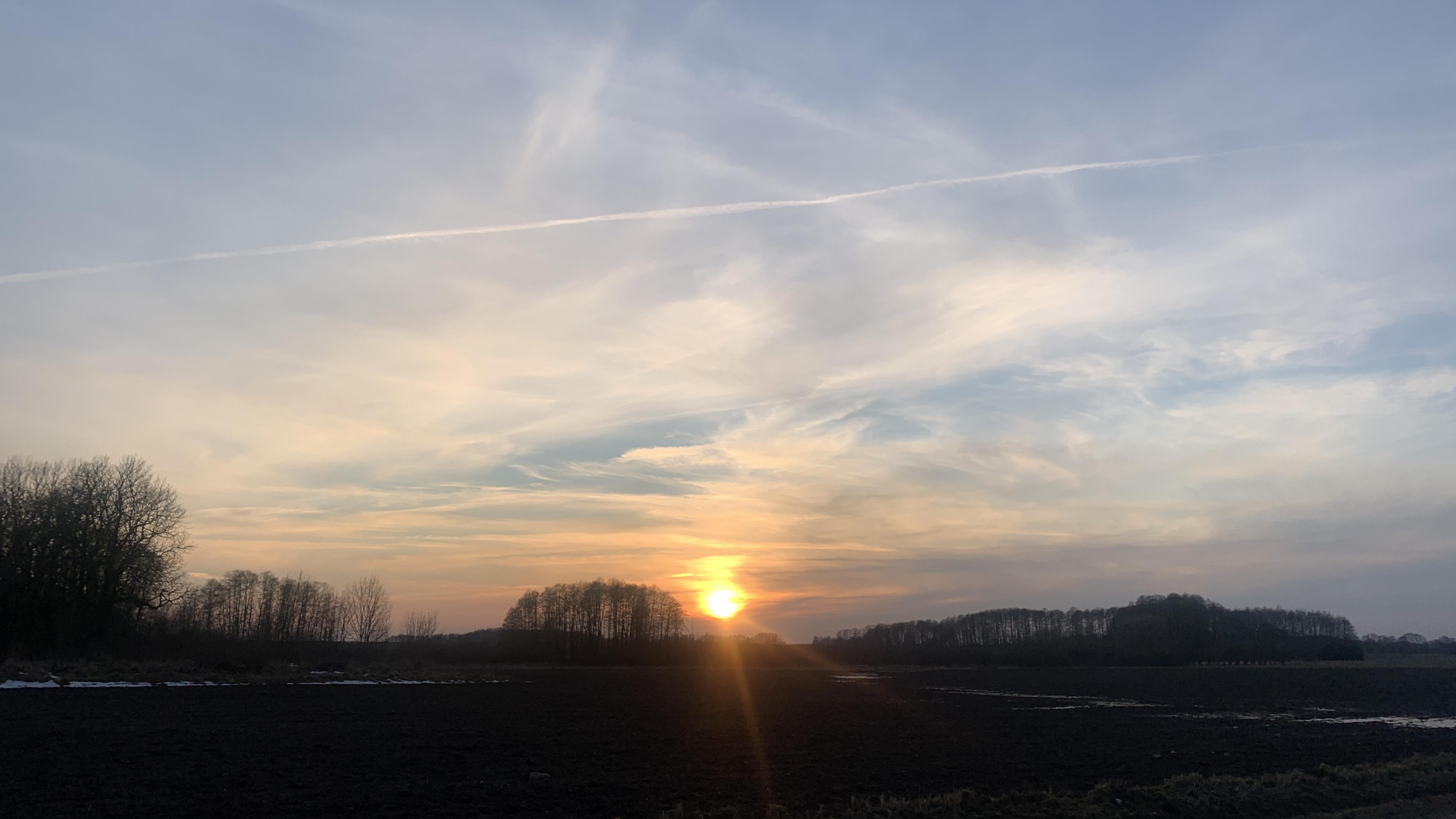 Piękny zachód słońca nad polami i lasem. Trochę "długich" chmur powyżej, prześwituje błękit nieba. Ładnie