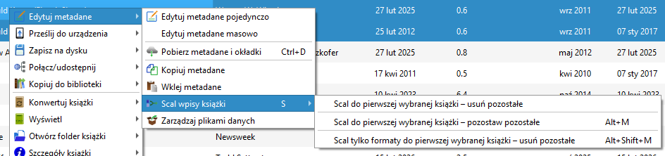Fragment menu podręcznego Calibre i pozycja "scal wpisy książki"
