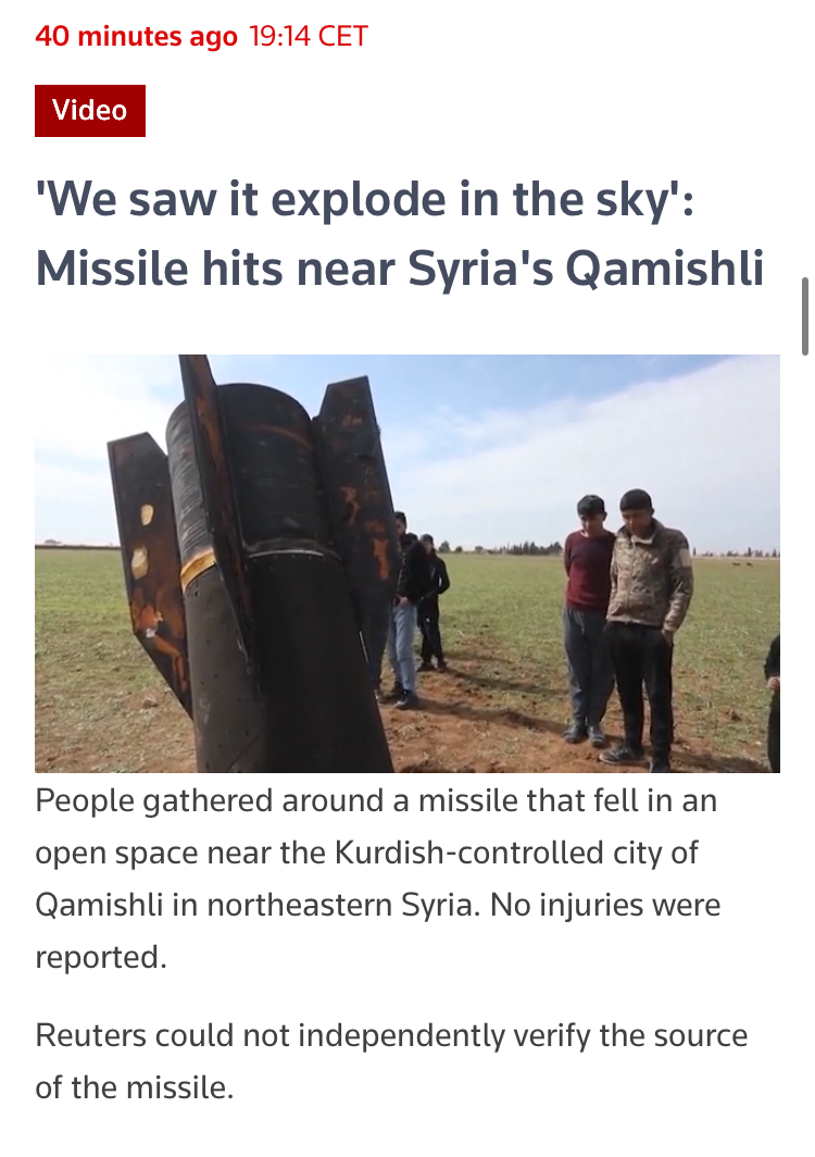 Rakieta wbita w ziemię na terytorium Syrii. Zdjęcie i krótki opis (screen z reuters.com)