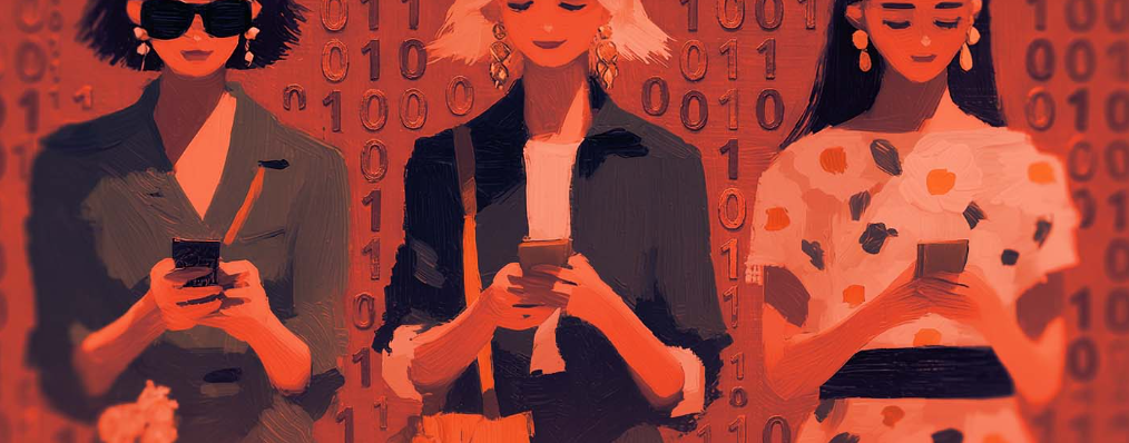 three women, each holding a cell phone in both hands.