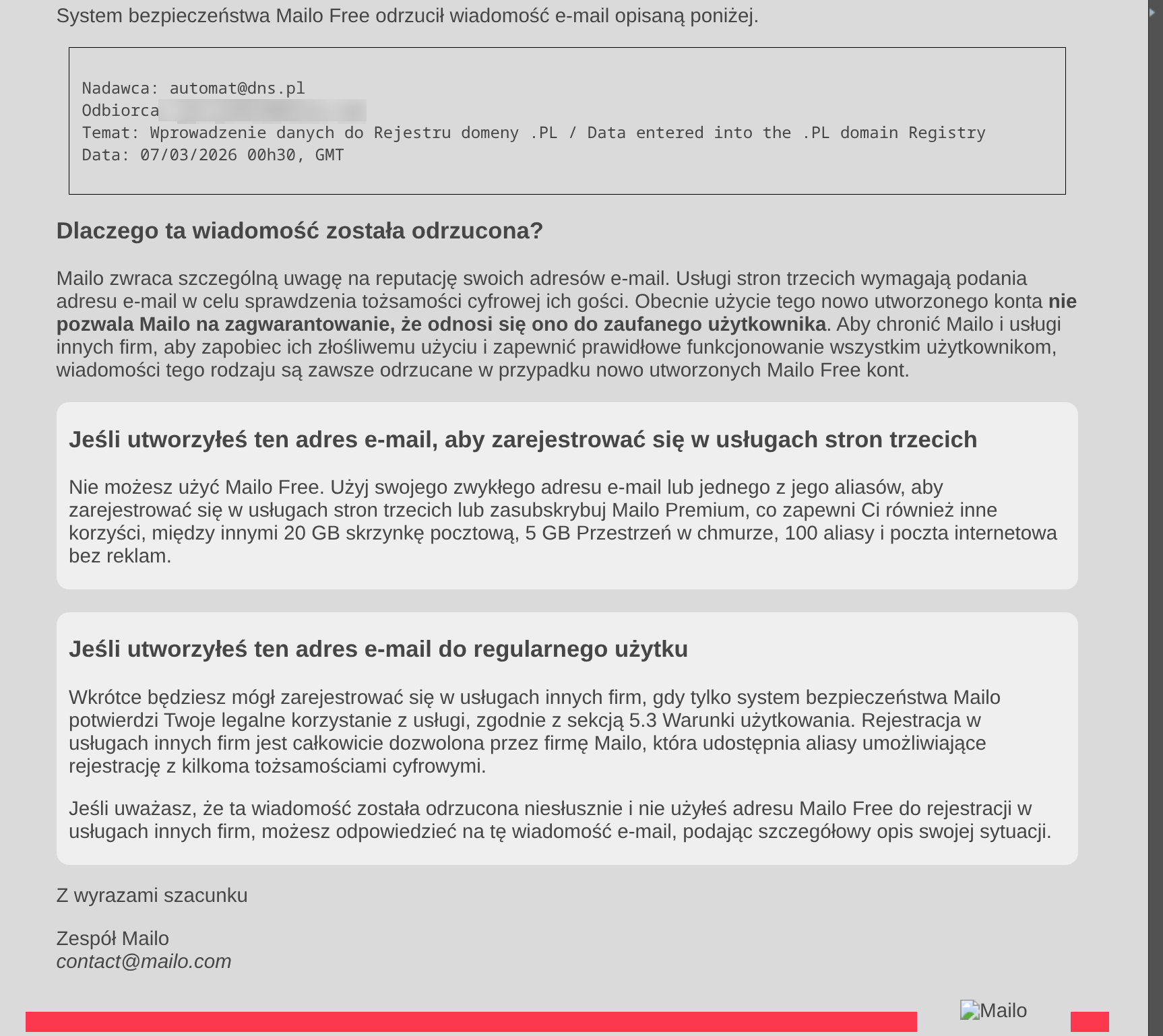 Wiadomośc e-mail z klienta "Mailo"