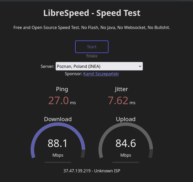 wyniku testu prędkości ze strony librespeed.org. 88Mbps w dół i 84Mbps w górę.