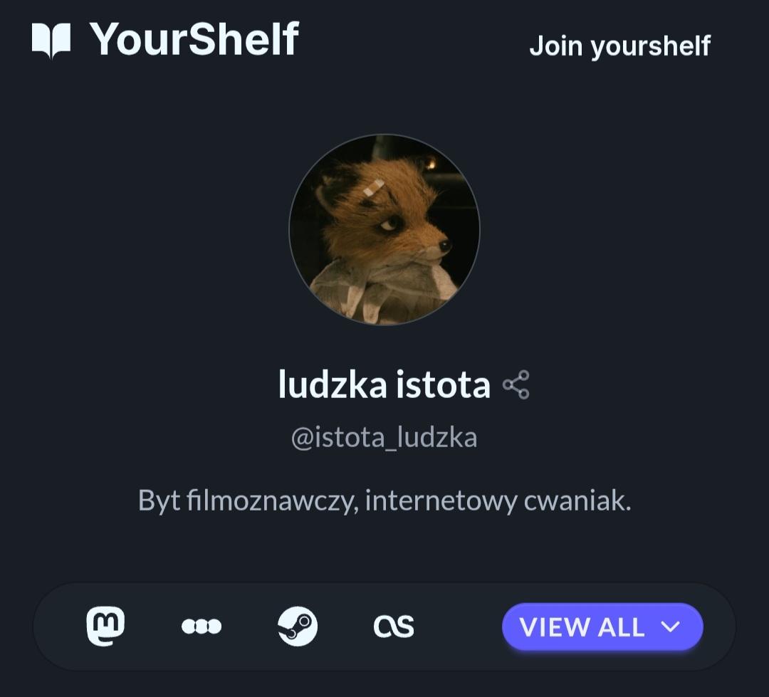 Profil w serwisie YourShelf. Na awatarze kukiełkowy lis