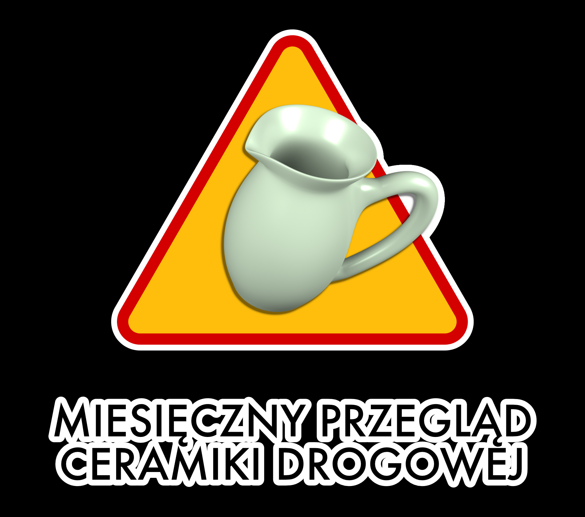 Grafika przedstawiająca znak ostrzegawczy (żółty trójkąt z czerwoną obwódką) i doklejonym ceramicznym dzbankiem. Tekst pod znakiem głosi "Miesięczny przegląd ceramiki drogowej"
