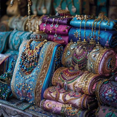 Kolorowe tkaniny i biżuteria rozłożone dekoracyjnie na straganie.