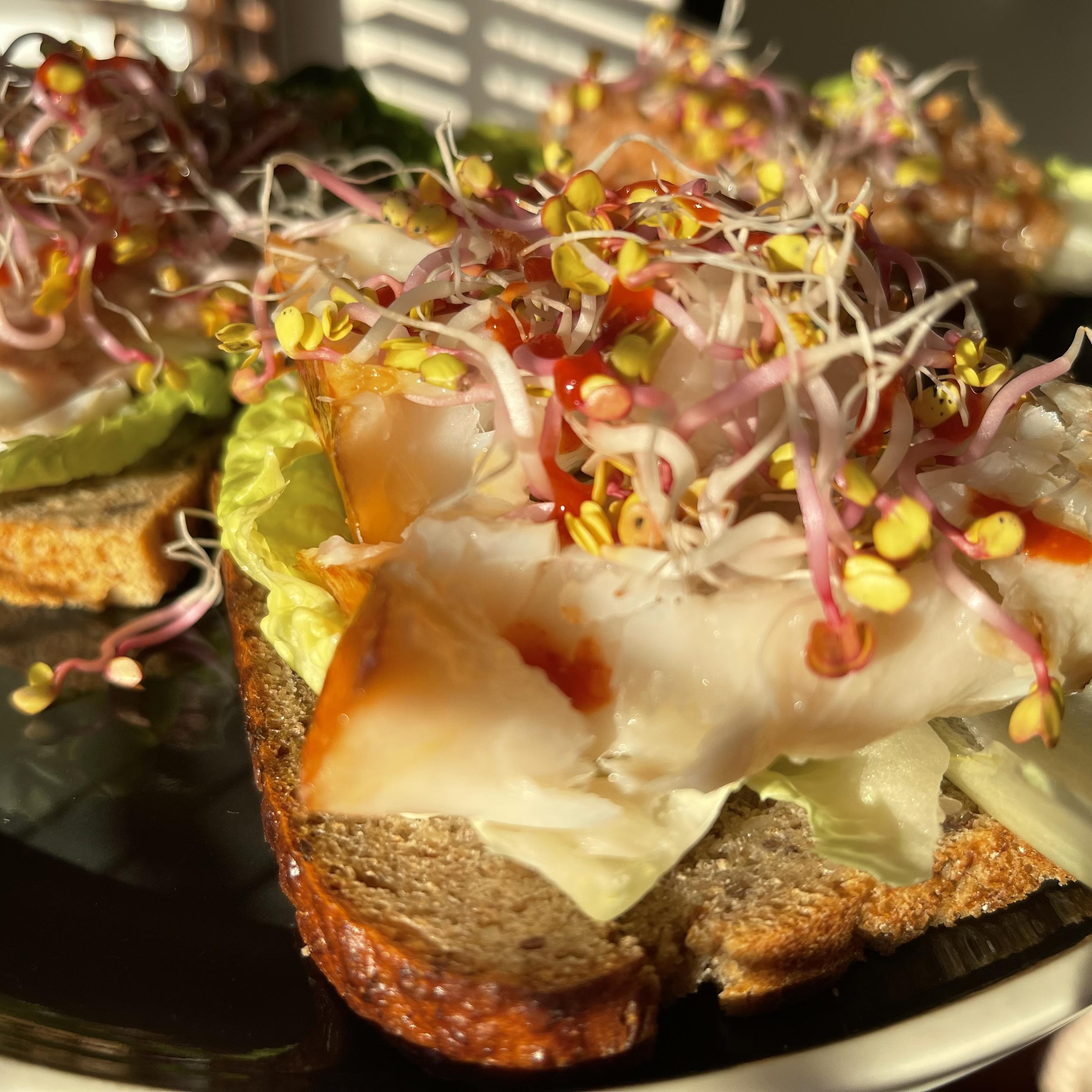 Na czarnym talerzu znajdują się kanapki na razowym pieczywie z liśćmi sałaty, kawałkami ryb oraz dużą ilością kiełków. Całość skropiona czerwonym sosem, oświetlona ciepłym światłem słonecznym.