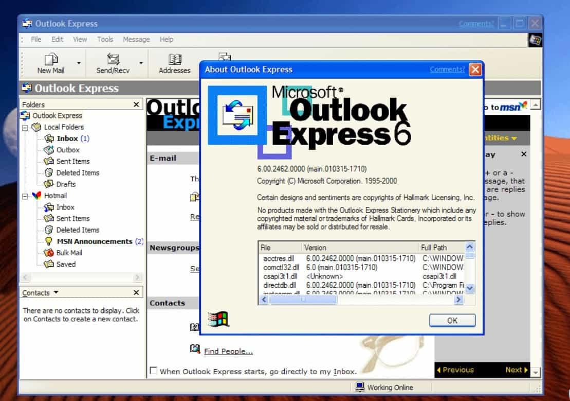 Zrzut ekranu z Outlook Express 6