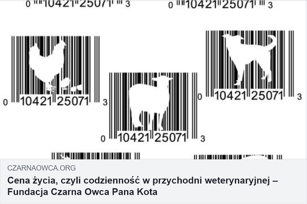 Napis Cena życia, czyli codzienność w przychodni weterynaryjnej oraz rysunki kury, psa i owcy na tle kodów kreskowych
