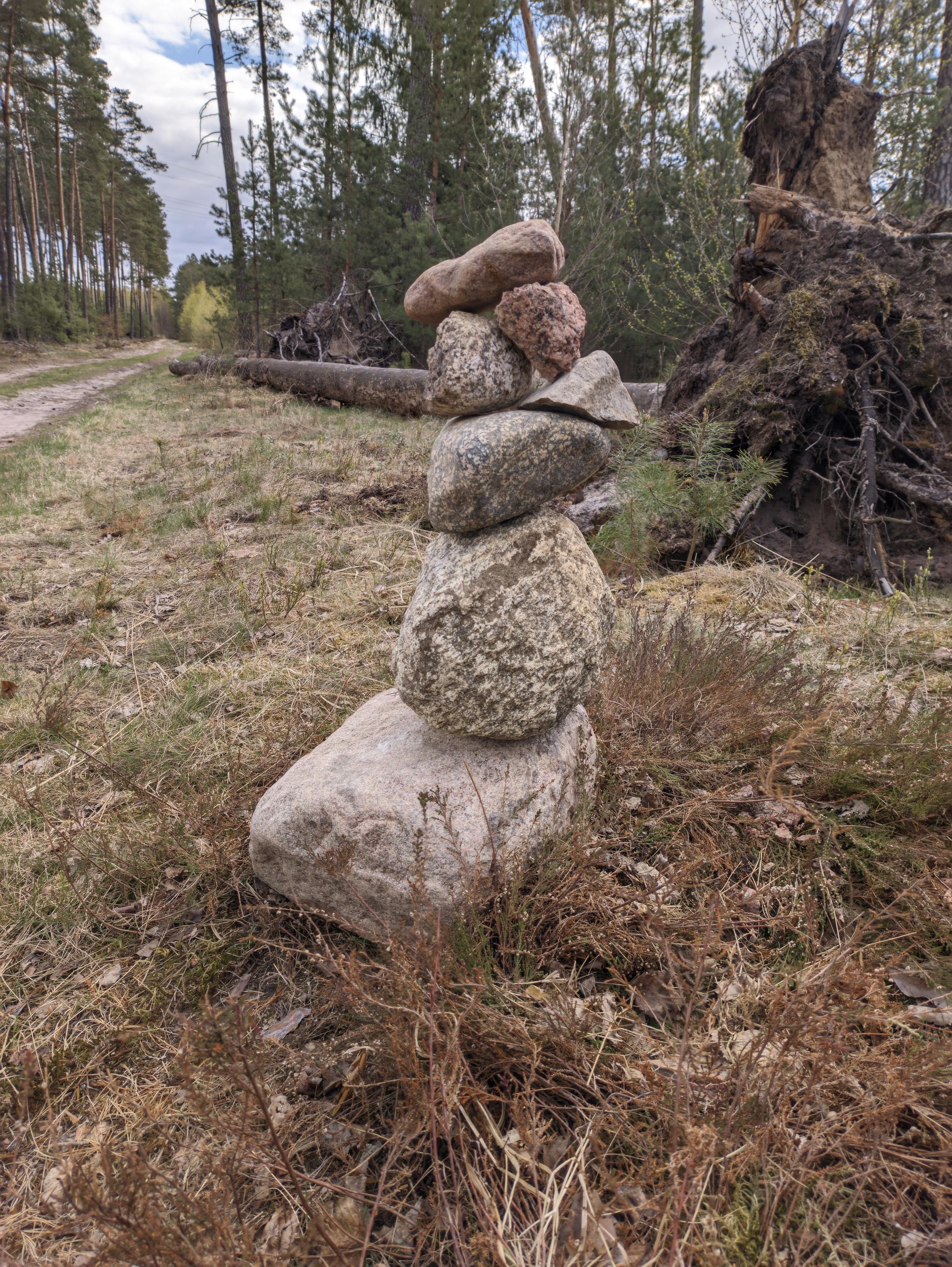 Dziesięć kamieni różnej wielkości ułożonych jeden na drugim na poboczu leśnej drogi.
