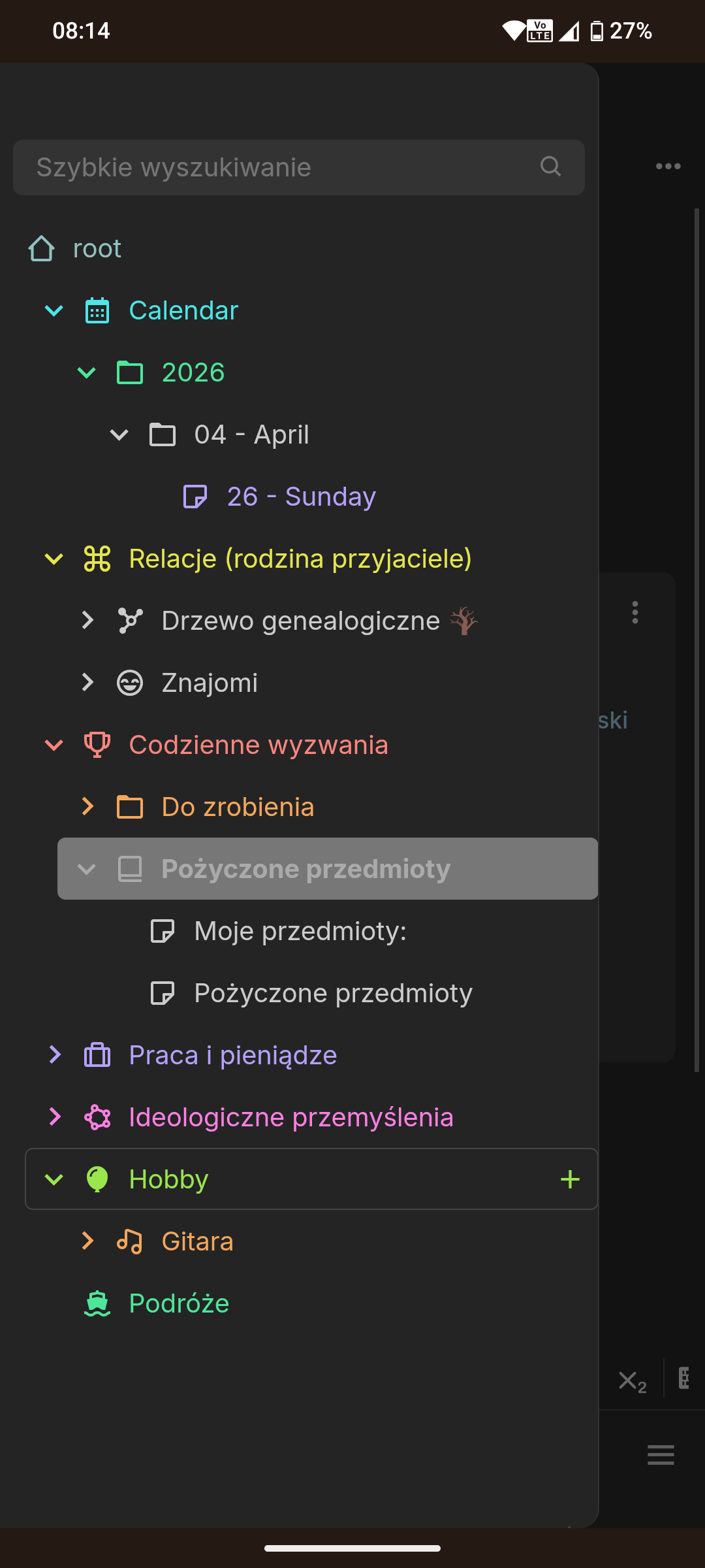 Interfejs aplikacji Trilium Notes dla adnroida. Z menu rozwinięte drzewo notatek: Relacje, Kalendarz, Praca, Hobby itd, a każda z nich ma osobne gałęzie