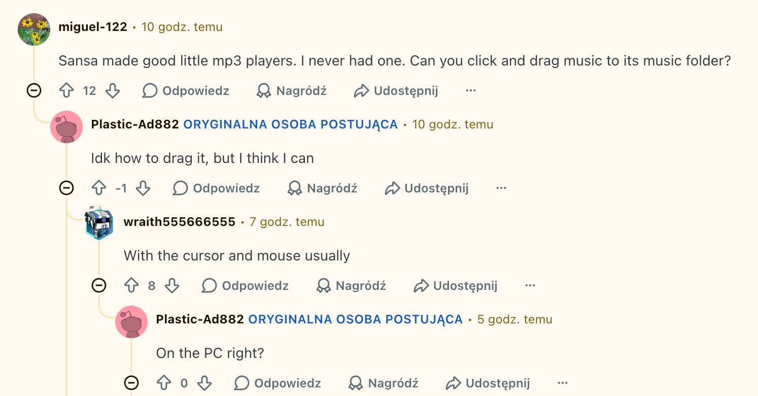 Dyskusja na reddicie, gdzie użytkownik nie rozumie co znaczy "drag music to its music folder". xd
