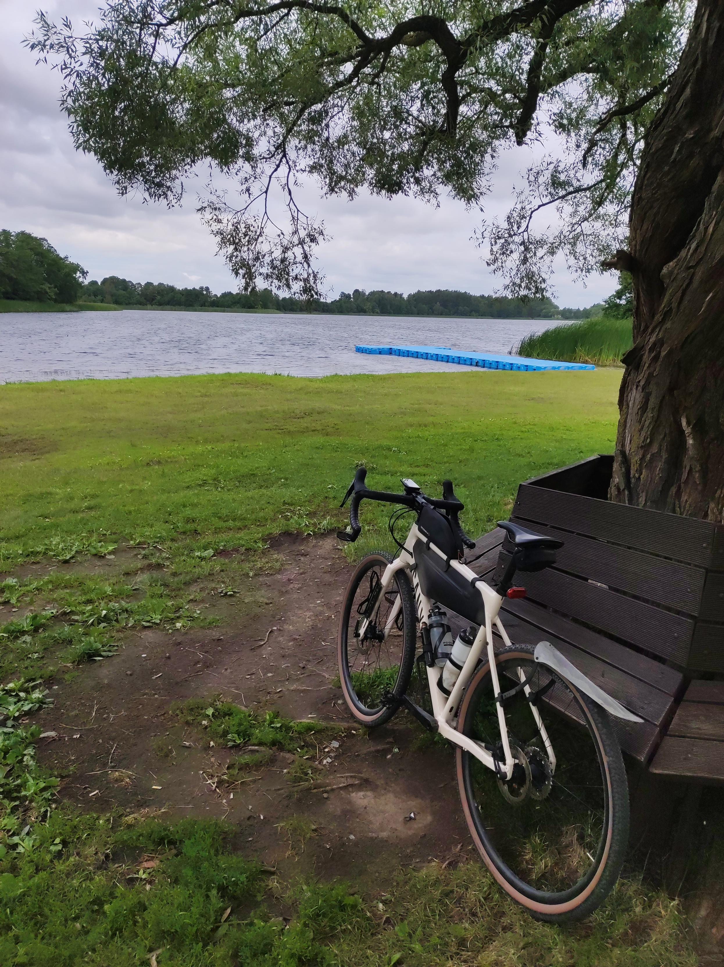 O drewnianą ławkę otaczającą pień drzewa opiera się mój rower, a w tle jezioro z niebieskim pływającym pomostem. Niebo jest zachmurzone, a woda jeziora zmarszczona.