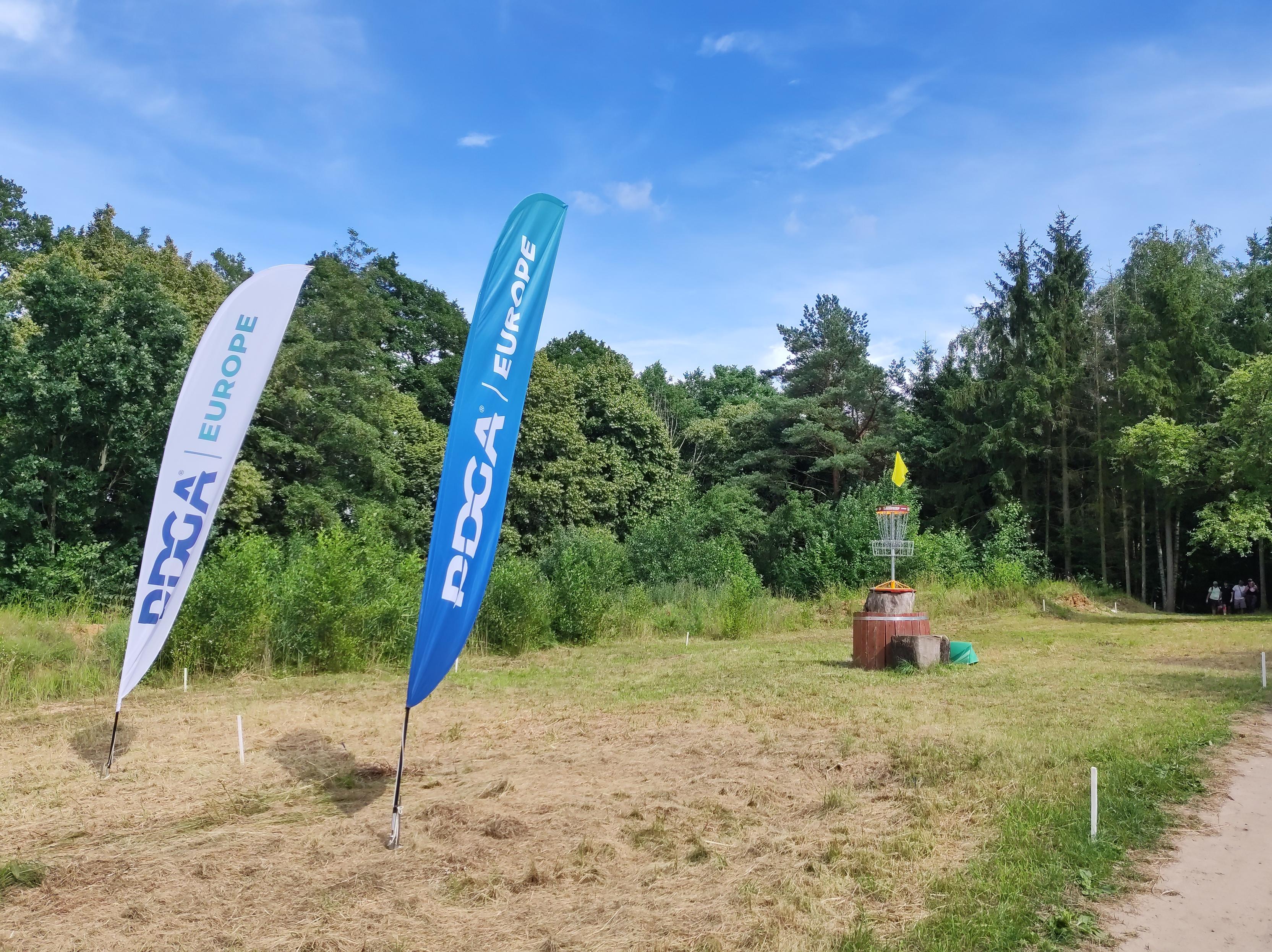 Po lewej stronie dwie biało-niebieskie i niebiesko-białe flagi PDGA Europe, a po prawej kosz do disc golfa umieszczony na pniu otoczonym brązowymi deskami. Daleko w tle widoczne malutkie sylwetki osób grających na dołku.