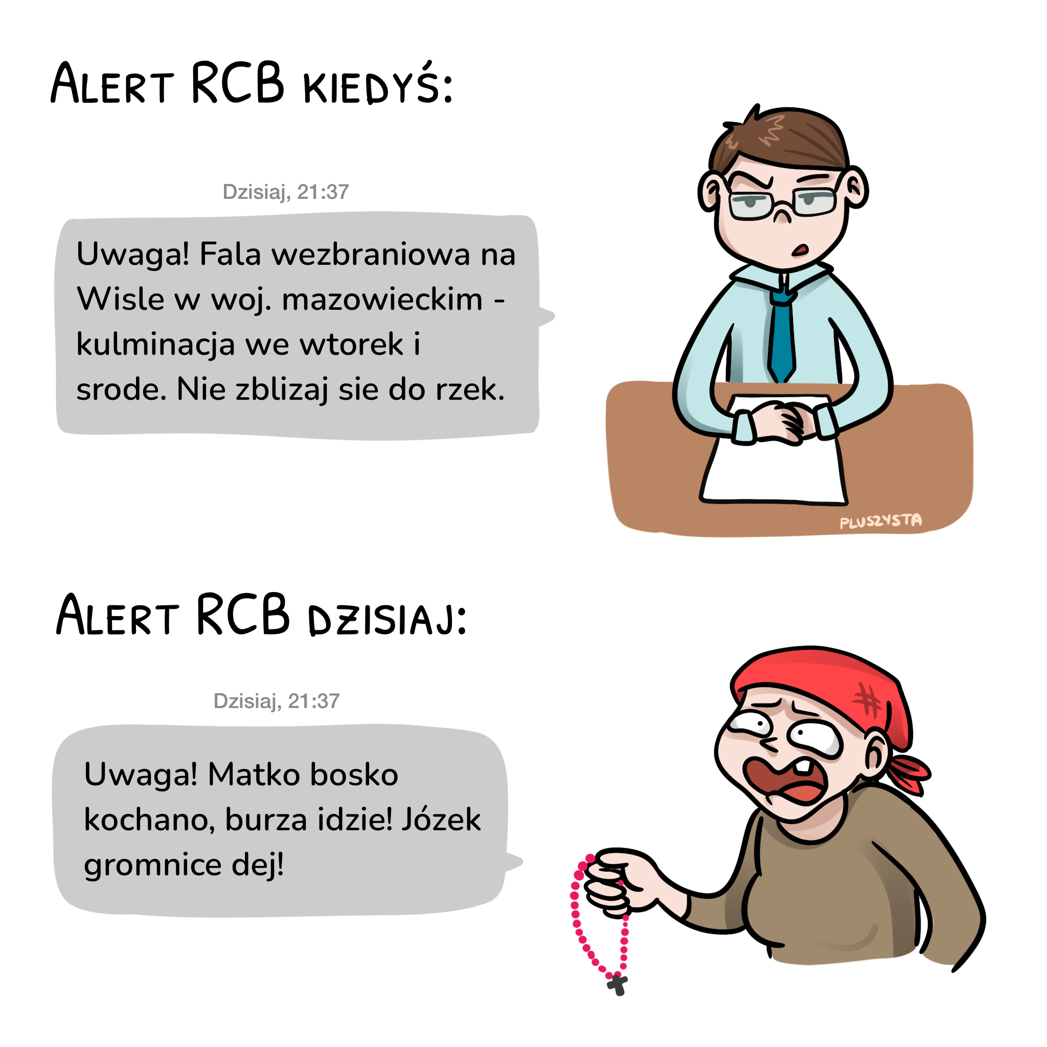 Górny panel

Napis: Alert RCB kiedyś: Uwaga! Fala wezbraniowa na Wisle w woj. mazowieckim -
kulminacja we wtorek i srode. Nie zblizaj sie do rzek.

Obok obrazek przedstawiający poważnie wyglądającą postać w okularach. 

Dolny panel: 

Napis: Alert RCB dzisiaj: Uwaga! Matko bosko kochano, burza idzie! Józek gromnice dej! 

Obok obrazek babci z chustą na głowie i różańcem w ręce.