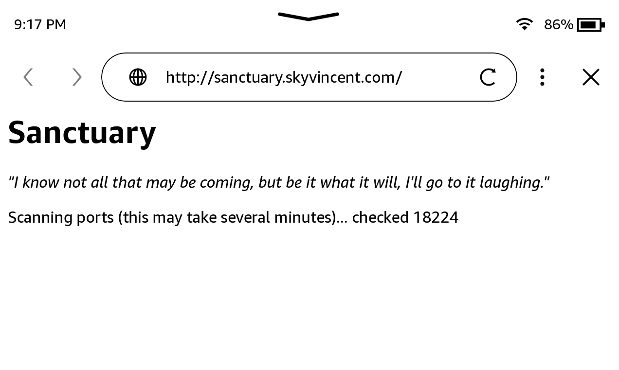 Zrzut ekranowy z czytnika Kindle ze strony instalacji jailbreaka Sanctuary, na której strona skanuje nasz czytnik.