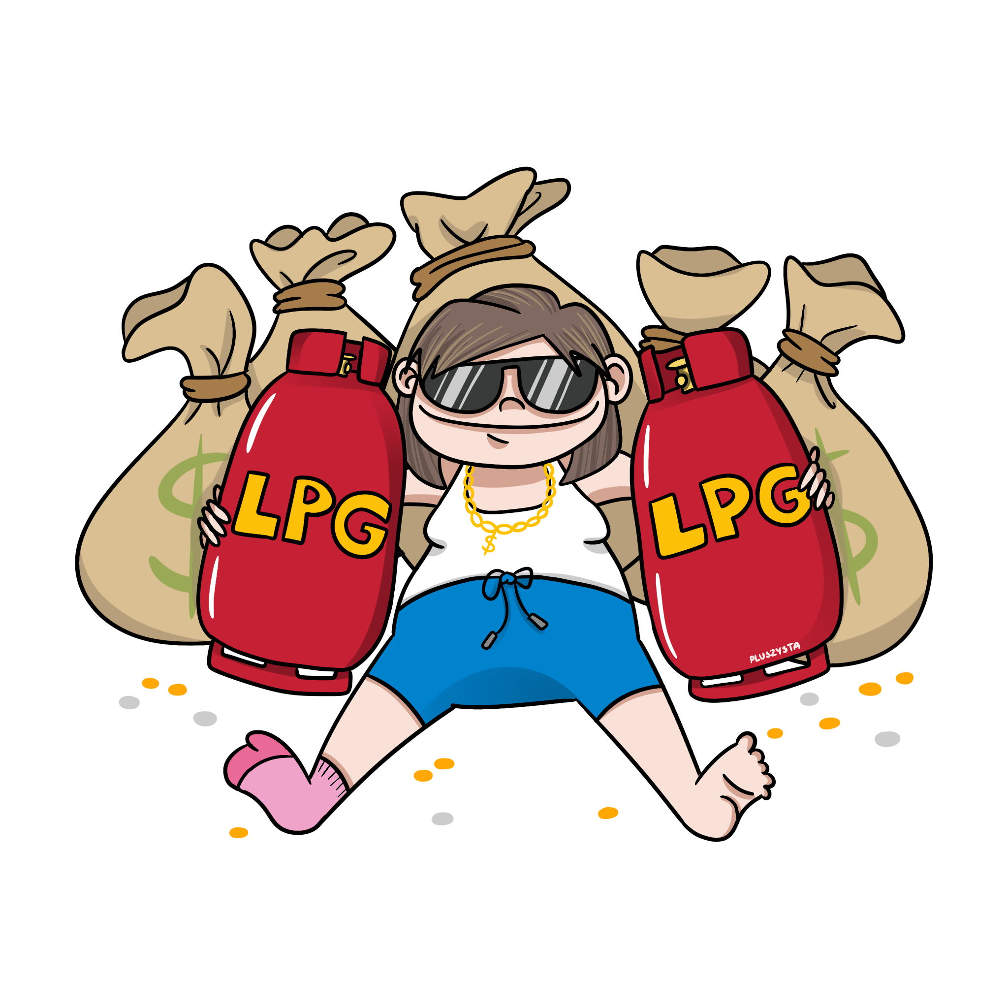 Postać leżąca na workach pieniędzy, przytulająca dwie butle z LPG. Postać ma na sobie okulary przeciwsłoneczne, białą koszulkę "wpierdolkę", łańcuch na szyi, krótkie spodenki i jedną skarpetkę. Na twarzy szelmowski uśmiech.