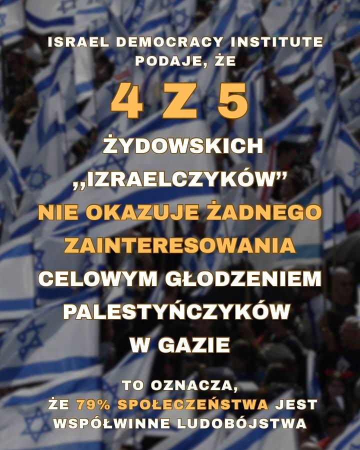 ISRAEL DEMOCRACY INSTITUTE PODAJE, ŻE 4 Z 5 ŻYDOWSKICH ,,IZRAELCZYKÓW" NIE OKAZUJE ŻADNEGO ZAINTERESOWANIA CELOWYM GŁODZENIEM PALESTYŃCZYKÓW W GAZIE

TO OZNACZA, ŻE 79% SPOŁECZEŃSTWA JES WSPÓŁWINNE LUDOBÓJSTWA