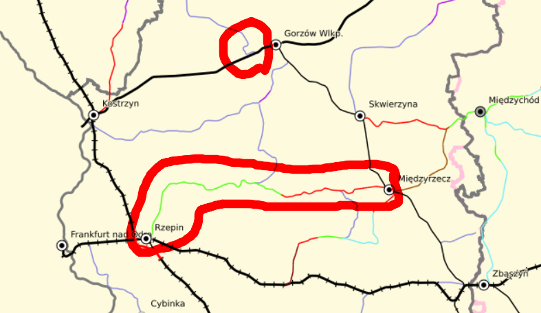 The two aforementioned sections of line newly marked for reactivation circled on Baza Kolejowa's RailMap