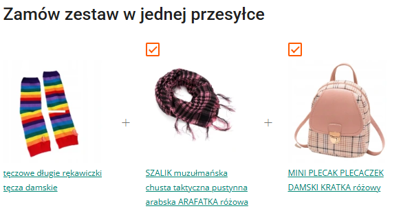Propozycja zestawu z tęczowymi rękawiczkami "taktyczną" różową arafatką i różowym "plecaczkiem" w kratę