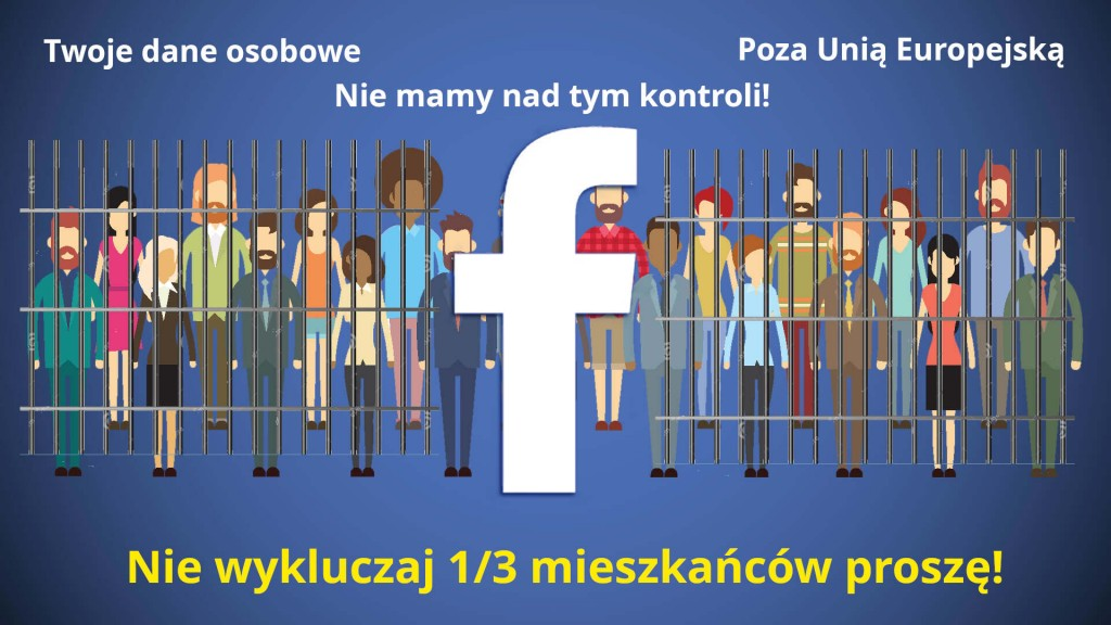 Grafiki komputerowa. Ludzie stoją odgrodzeni od świata za pomocą symbolicznej kraty więzienia z logiem Facebooka.