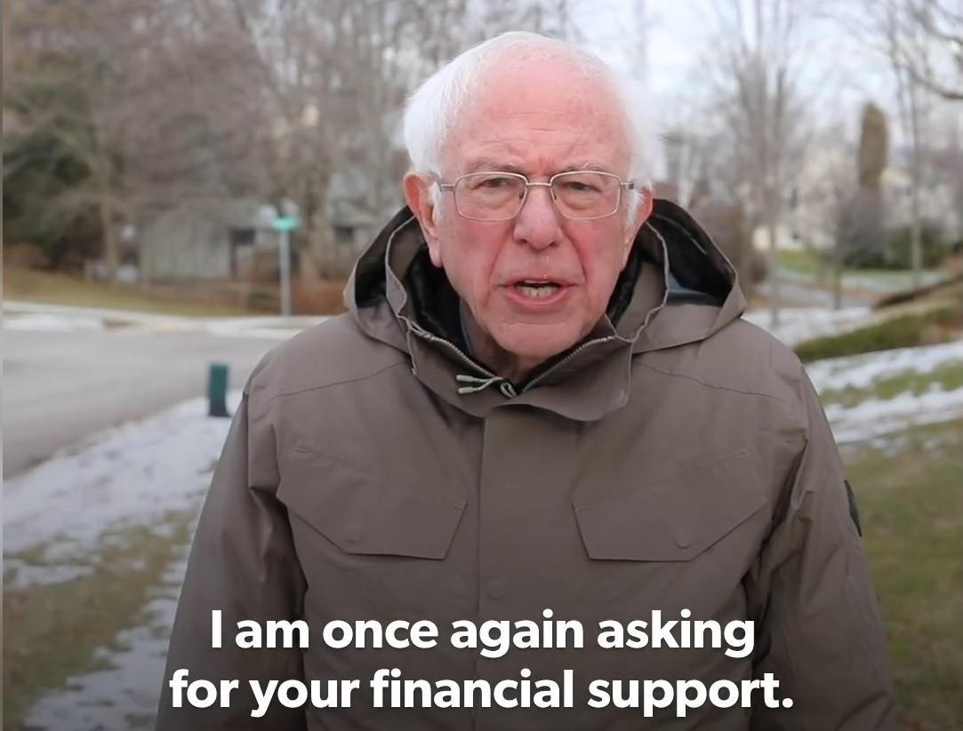 Bernie Sanders w zielonej kurtce też prosi o wsparcie :)