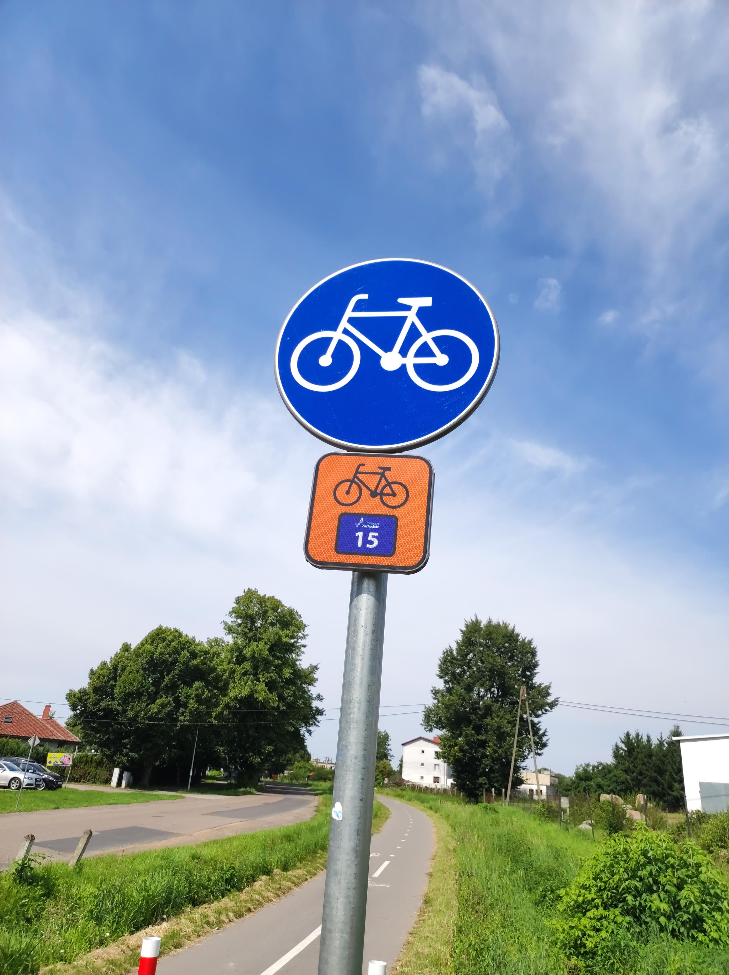 Znak "droga dla rowerów" a pod nim oznaczenie szlaku nr 15.