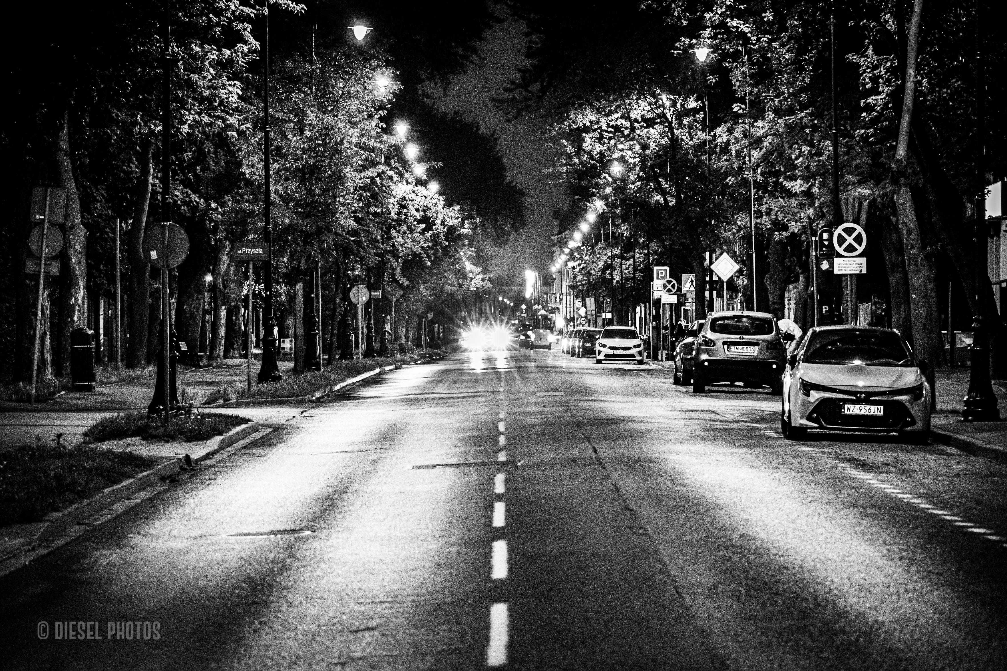 Nocna fotografia przedstawia niemal idealnie symetryczny widok ulicy oglądanej z osi jezdni. Linie pasów ruchu prowadzą wzrok wprost ku jasnym światłom nadjeżdżających samochodów, które stanowią centralny punkt kadru. Szpalery drzew i równomiernie rozmieszczone latarnie tworzą naturalny tunel, nadając scenie rytm i głębię. Czarno-biała obróbka wzmacnia kontrast między ciemnością nocy a odbiciami światła na mokrym asfalcie, podkreślając spokojny, niemal filmowy charakter miejskiego krajobrazu.